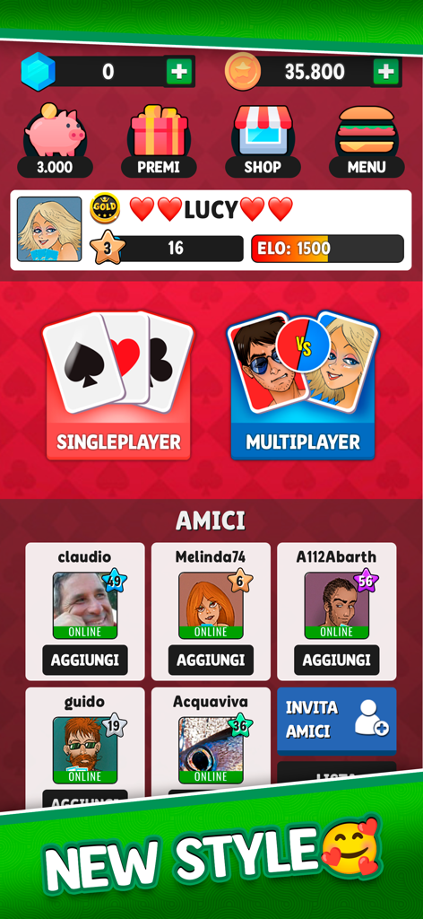 Scala 40 Più - Card Games - Main menu of the Scala 40 Piu card game app showing user profile game modes and friends list