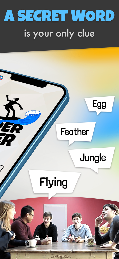 Undercover™: Word Party Game - Un groupe de jeunes adultes jouant ensemble au jeu de mots Undercover à une table