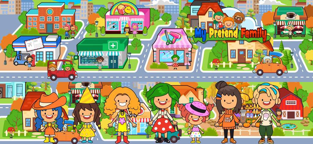 A colorful town map and a variety of cartoon characters from the My Pretend Home and Family mobile game
