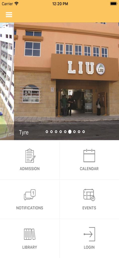 LIU mobile app dashboard with shortcuts for admission calendar and notifications