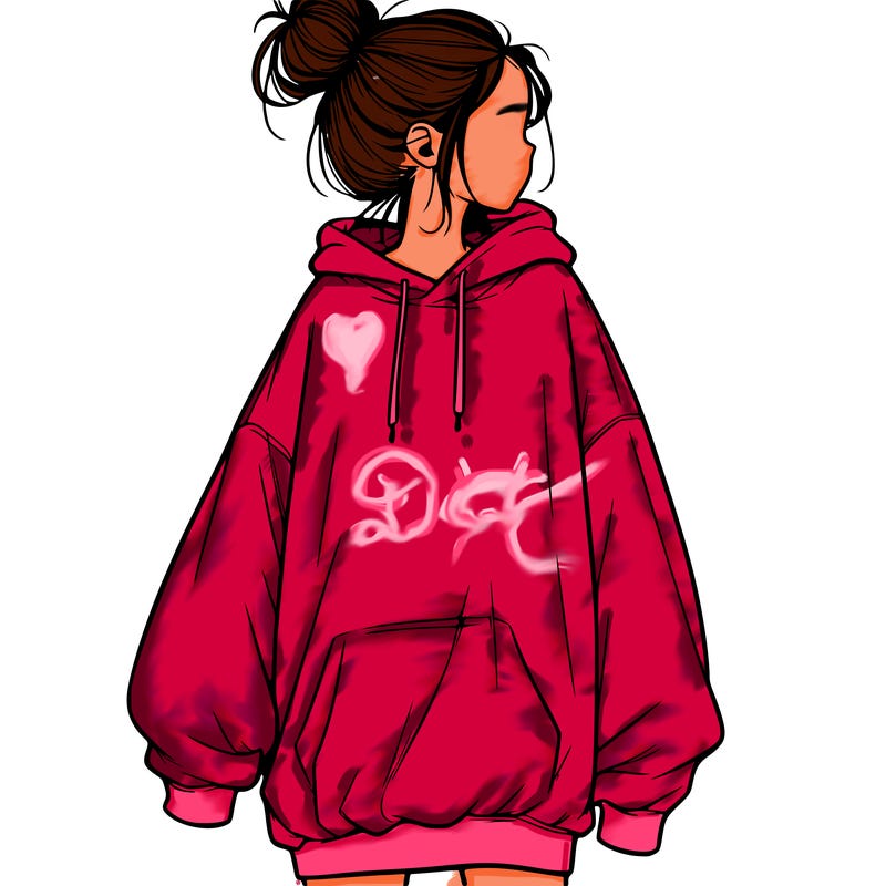 realistic girl with a oversized sweatshirt on and a bun