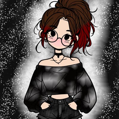 girl with a messy ponytail glasses a baggy crop top and jean shorts