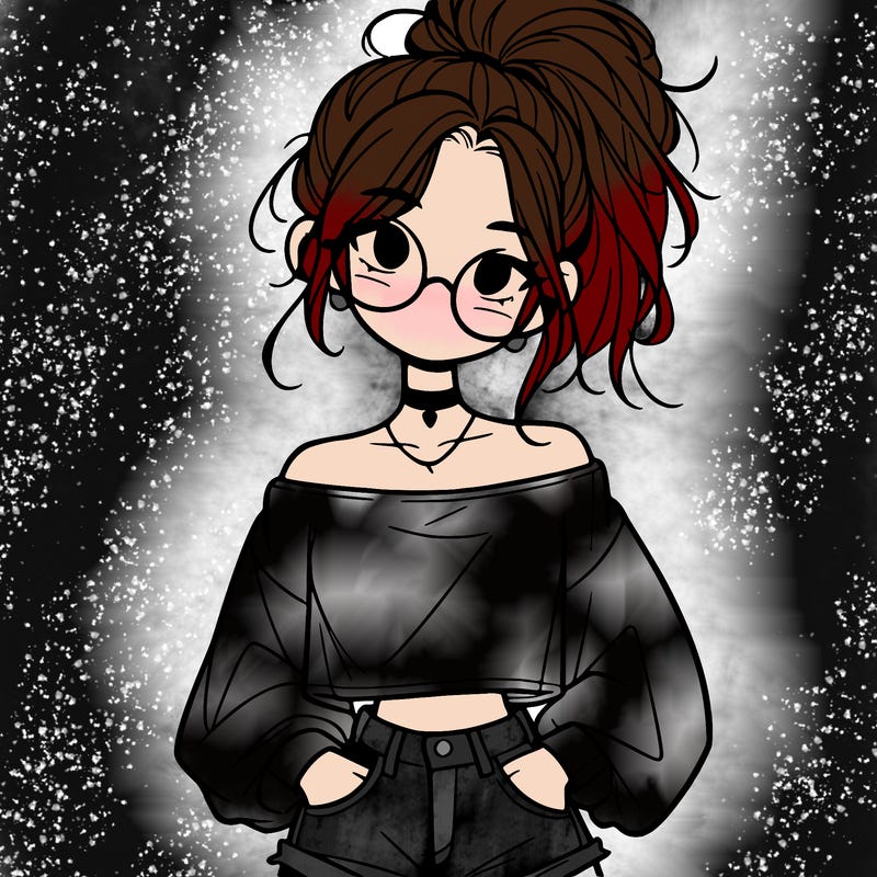 girl with a messy ponytail glasses a baggy crop top and jean shorts