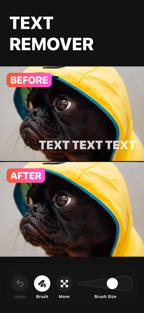 Erase Objects: Blemish Remover - Before and after comparison of removing text from a photo of a dog using the Erase Objects app