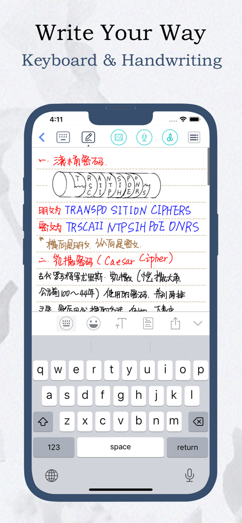 Feenote - Notes and lists - Feenote App-Oberfläche mit einer Kombination aus handschriftlichem Text und digitaler Tastatureingabe auf einem mobilen Bildschirm