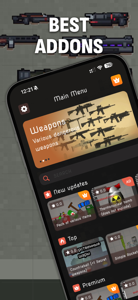 Addons & Melon Mods - Captura de pantalla de la app Addons y Mods de Melón mostrando la categoría de armas y actualizaciones de nuevos mods