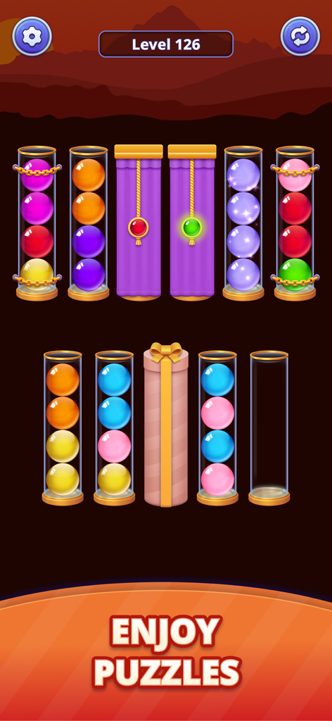 Ball Sort Genius - Puzzle Game - Gameplay screenshot of Ball Sort Genius showing colorful balls in glass tubes with a dark mountain background