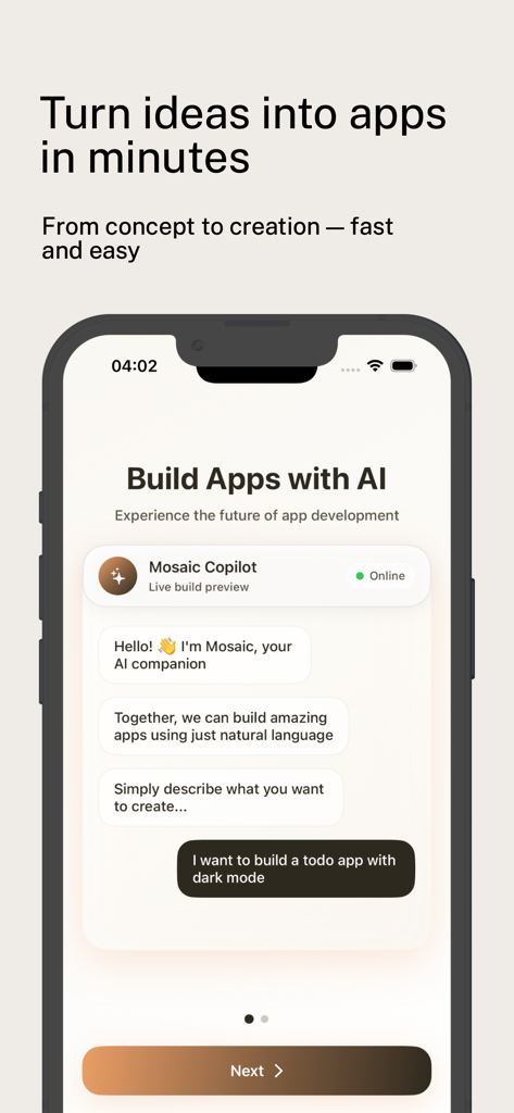Mosaic AI - AI App Builder - Interfaz de chat de la app Mosaic AI mostrando a un usuario describiendo una app de tareas pendientes al asistente de IA