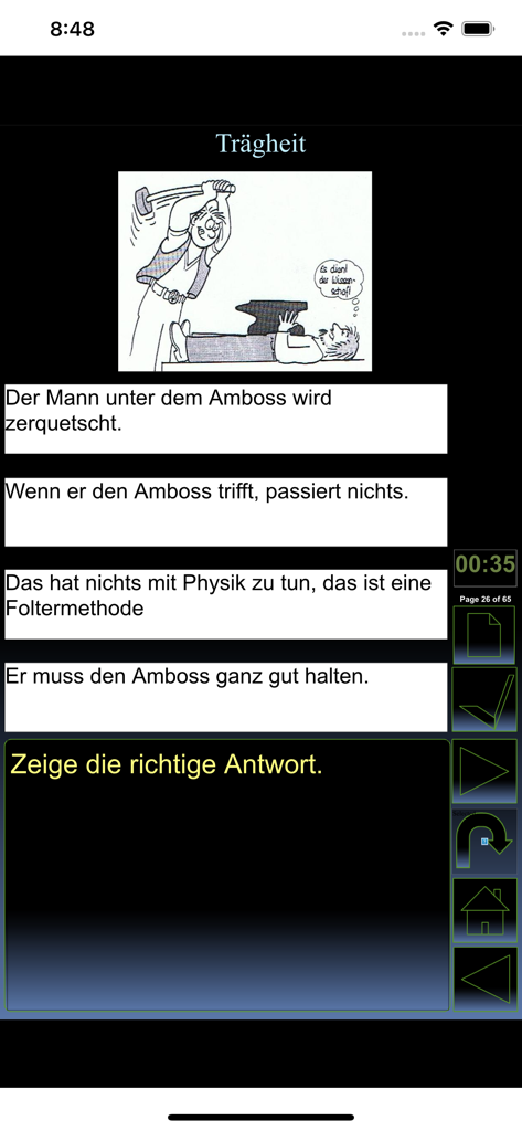 iPhysik 1 Quiz deutsch - Physics quiz question about inertia with an illustration in the iPhysik app