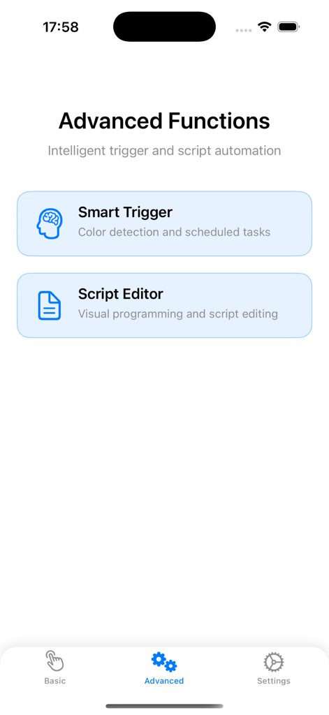 Auto Clicker - Automatic Tap Q - Pantalla de la aplicación Auto Clicker que muestra funciones avanzadas como disparador inteligente y editor de scripts