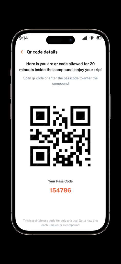Quick Pass - Pantalla de smartphone que muestra un código QR de uso único y una contraseña para el acceso seguro al complejo.