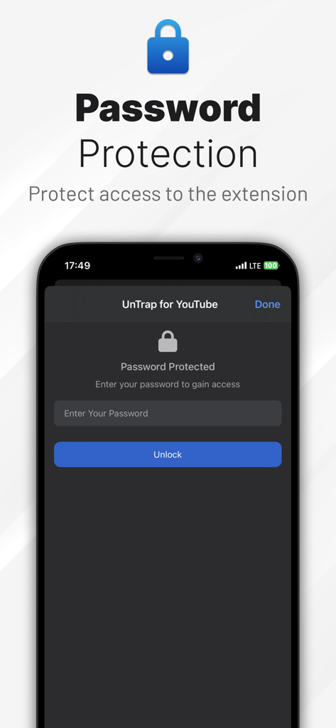 UnTrap for YouTube - UnTrap for YouTube password protection screen for securing extension settings