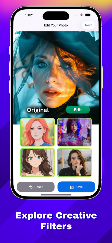 AI PhotoShot Magic - Interfaz de la app AI PhotoShot Magic mostrando varias opciones de filtros creativos y artísticos para retratos.