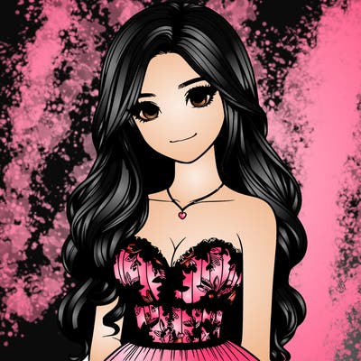 realistic girl with long hair and pretty prom dress