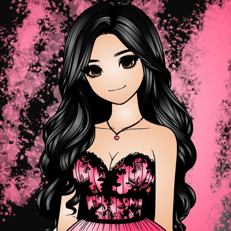 realistic girl with long hair and pretty prom dress