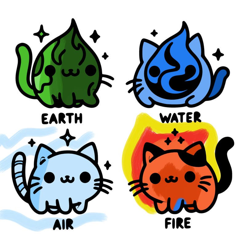 4 cats that represent the different elements, earth, water, air, and fire