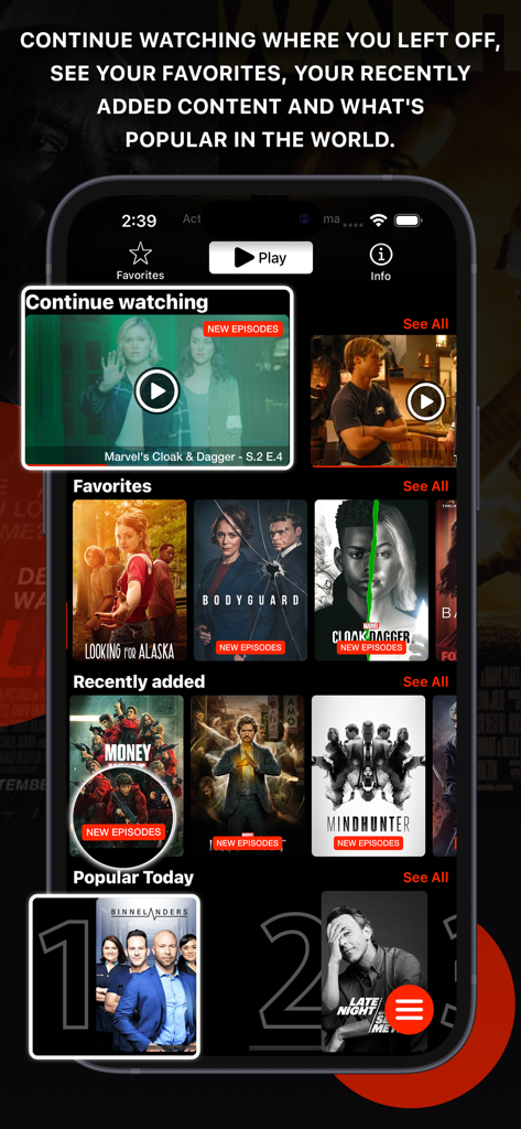 Interfaz de iPhone de IPTVX mostrando el panel de inicio con las secciones Continuar viendo, Favoritos y Añadidos recientemente en una interfaz de modo oscuro premium.