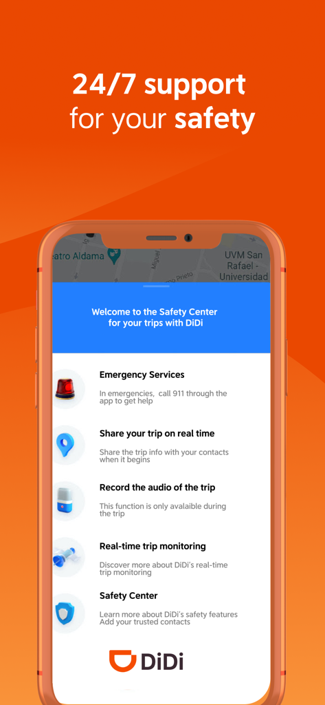 DiDi Driver app Safety Center screen showing emergency services and real-time trip monitoring