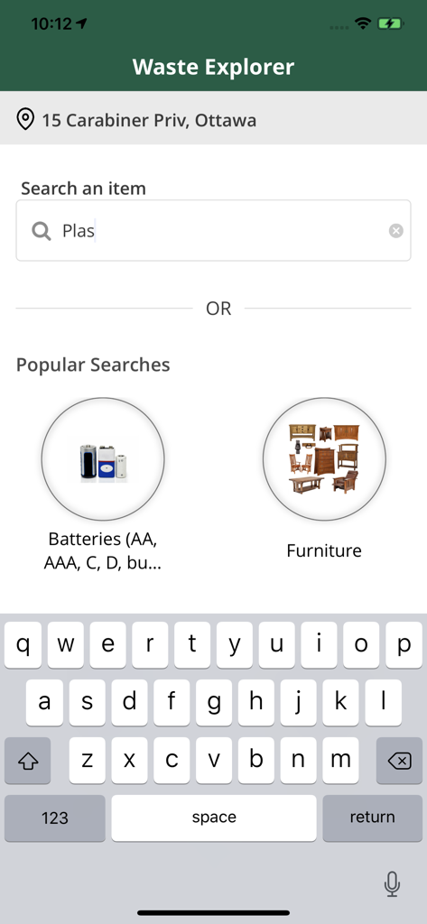Ottawa Waste Explorer screen showing a search bar and icons for batteries and furniture.
