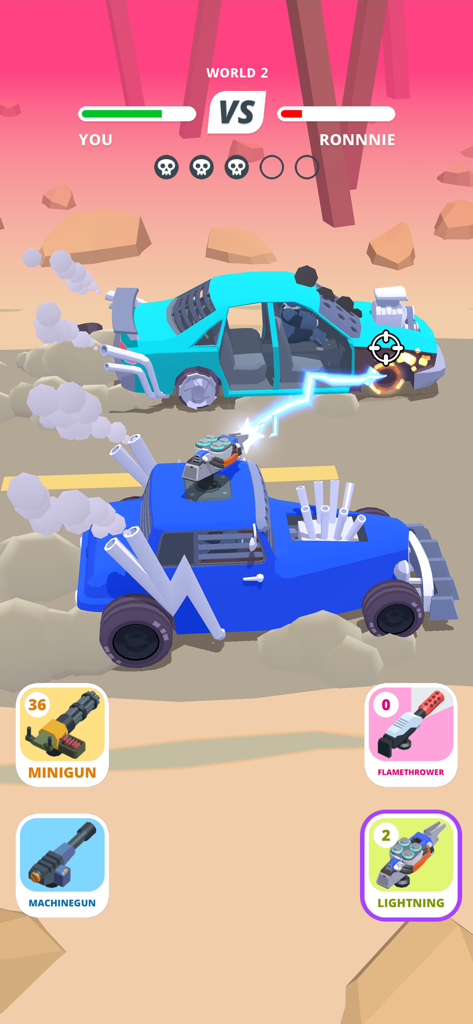 Desert Riders - Wasteland Cars - A blue customized car attacking an enemy vehicle with a lightning weapon in Desert Riders.