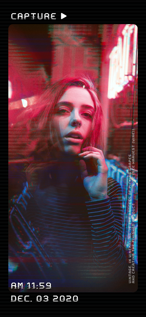 A woman portrait featuring a vintage video camera effect with timestamp and scanning lines