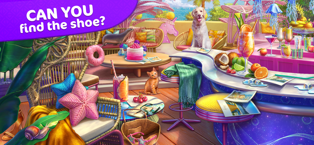 A colorful hidden object puzzle in a tropical beach bar setting with a dog and a cat