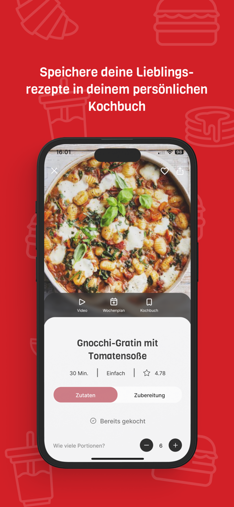 ZauberTopf Rezepte - Pantalla móvil de la aplicación ZauberTopf que muestra una receta de gratinado de ñoquis con tiempo de preparación y nivel de dificultad.