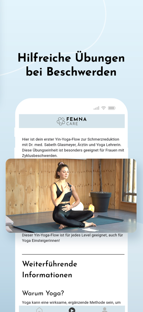 FEMNA Care - A woman practicing Yin-Yoga for pain relief within the FEMNA Care app interface.