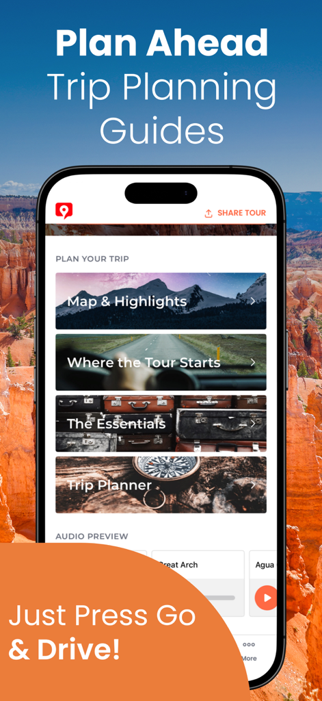 Zion and Bryce Canyon trip planning guide app interface showing tour sections and driving tips