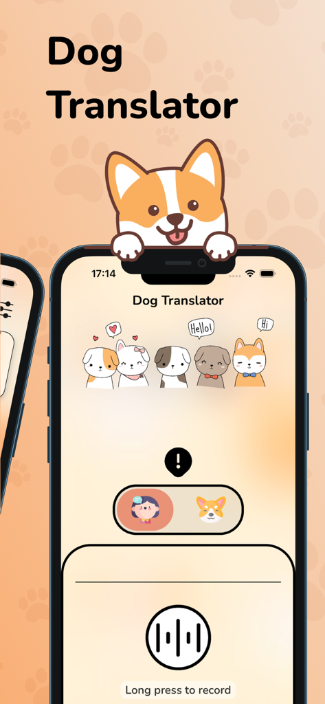 Dog bark translator sound walk - Mobile interface of the Dog Translator app featuring cute cartoon dogs and a voice recording button