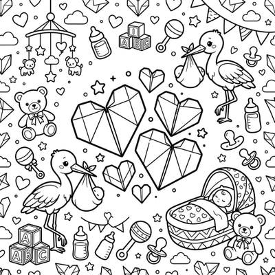Dive into the joy of new beginnings with this enchanting baby shower coloring page, adorned with elegant origami hearts and sweet nursery elements. It's the perfect creative activity to celebrate an upcoming arrival or simply relax with delightful designs.