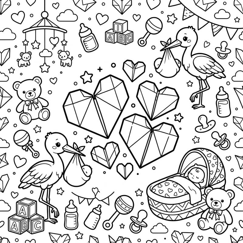 Dive into the joy of new beginnings with this enchanting baby shower coloring page, adorned with elegant origami hearts and sweet nursery elements. It's the perfect creative activity to celebrate an upcoming arrival or simply relax with delightful designs.