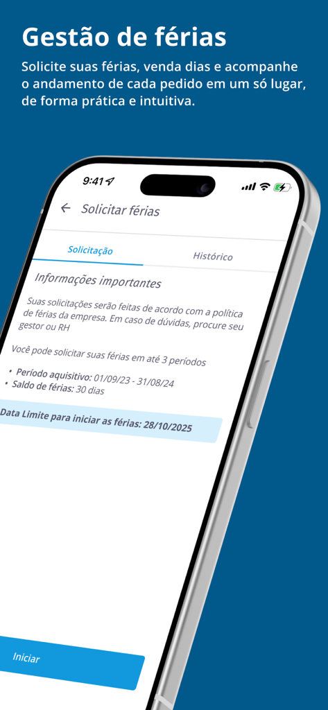 Tela de smartphone mostrando a interface de solicitação e gerenciamento de férias dentro do aplicativo de RH Meu Ahgora