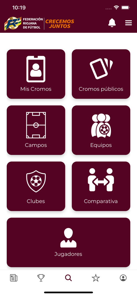 FRF - Panel principal de la app FRF mostrando mosaicos de navegación para jugadores, equipos y clubes