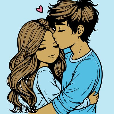 a realistic couple boy and girl hugging and kissing