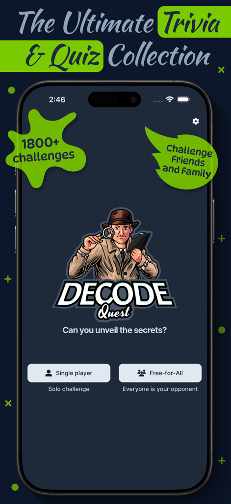 Decode Quest: Trivia Quiz Game - Decode Quest home screen featuring a detective mascot and options for single player or multiplayer trivia modes