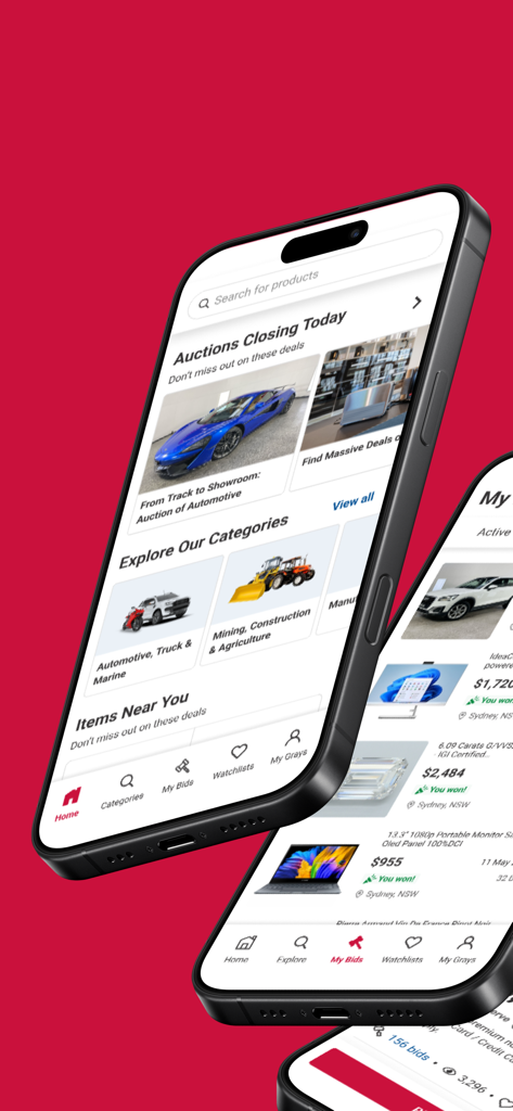 Grays: Auction Marketplace - Grays auction marketplace app interface showing automotive and industrial auction categories on a mobile screen