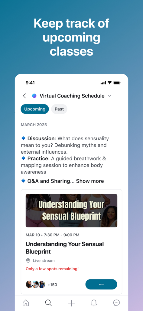 Know Your Norm - Screenshot of the Know Your Norm app showing the virtual coaching schedule and upcoming intimate wellness classes.