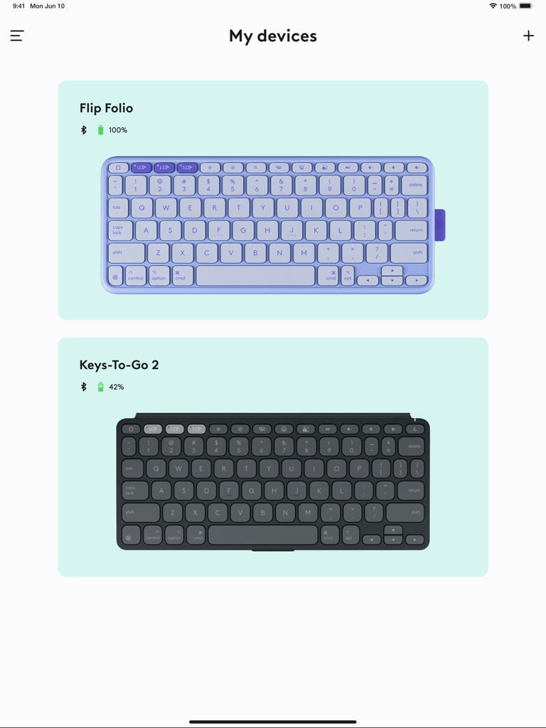 Logi Options+ Mobile - Interfaz de Logi Options+ Mobile mostrando los teclados Logitech Flip Folio y Keys-To-Go 2 conectados con niveles de batería