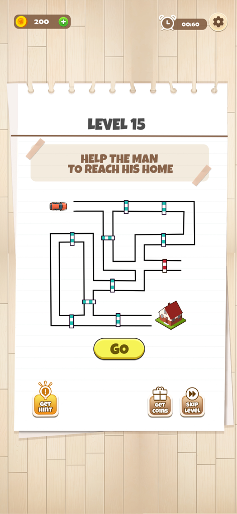 Brain King IQ Test Puzzle Game - A maze puzzle level in the Brain King IQ Test game asking the player to help a car reach its home.