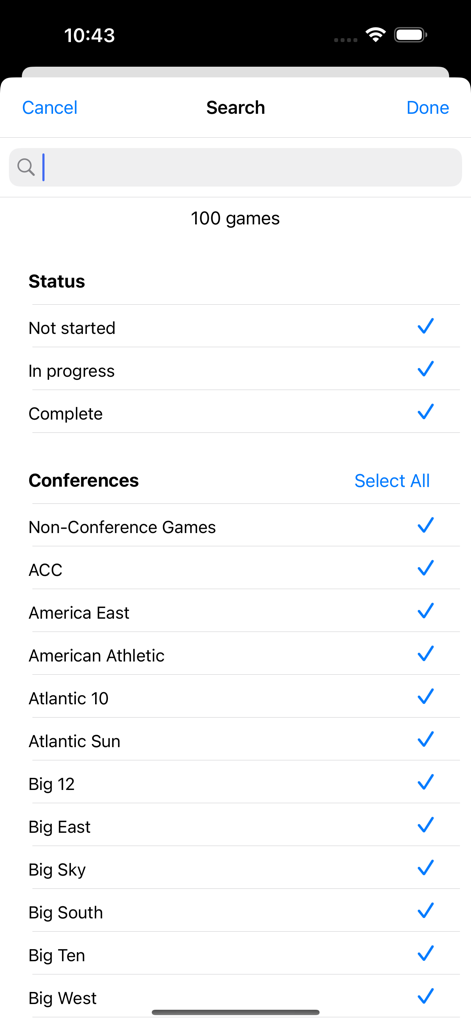 App-Bildschirm mit Suchfiltern für College-Basketballspiele nach Status und Konferenz.