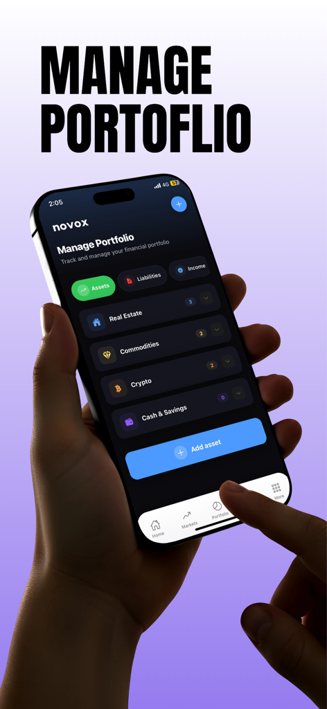 novo-x - A smartphone showing the Novox app interface for managing a financial portfolio with categories for real estate, commodities, and crypto assets.