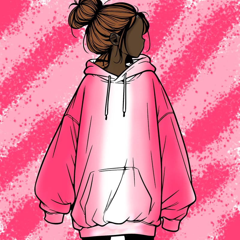 realistic girl with a oversized sweatshirt on and a bun