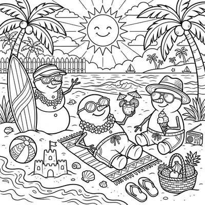 Experience a delightful paradox with this coloring page featuring decorated snowmen enjoying a sunny summer beach vacation. Adorned with leis and sunglasses, they bring frosty fun to tropical shores, ready for your vibrant colors.