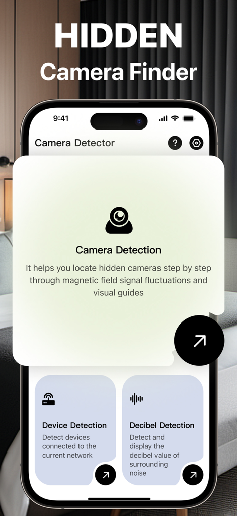 Find Cameras:Privacy Protector - Screenshot of Find Cameras Privacy Protector app showing hidden camera and decibel detection options