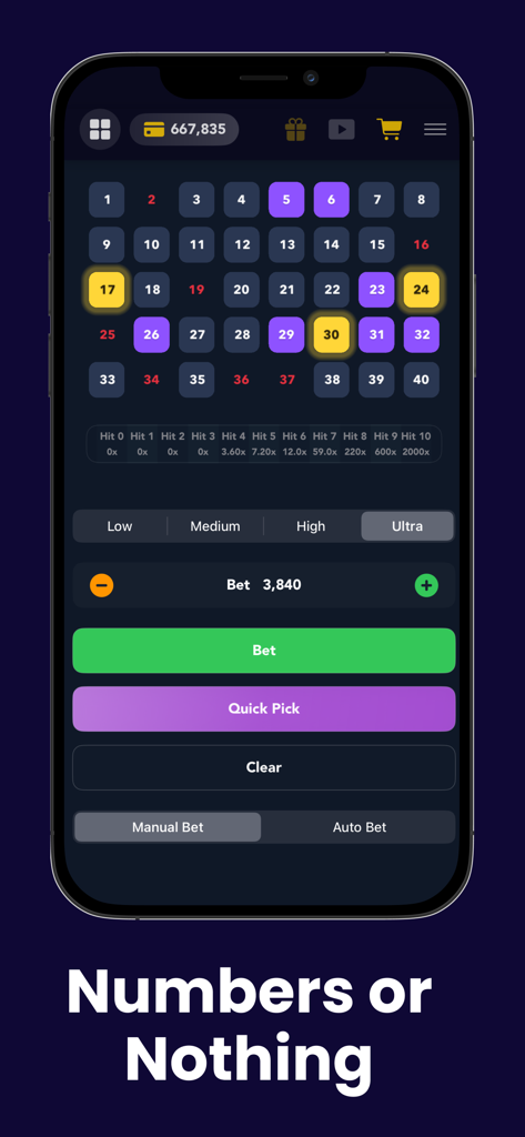 Crash or Cash Lucky Casino Keno game screen with betting options and number grid.