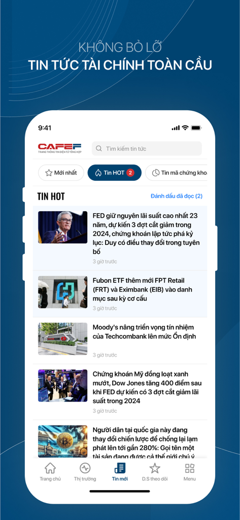 CafeF:Tin tức đầu tư, cổ phiếu - Interfaz de la aplicación móvil CafeF mostrando un feed de artículos de noticias financieras y bursátiles populares en vietnamita