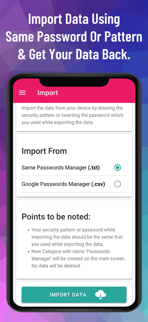 Interface do PM Pro Password Manager mostrando opções de importação de dados de ficheiros txt e csv.