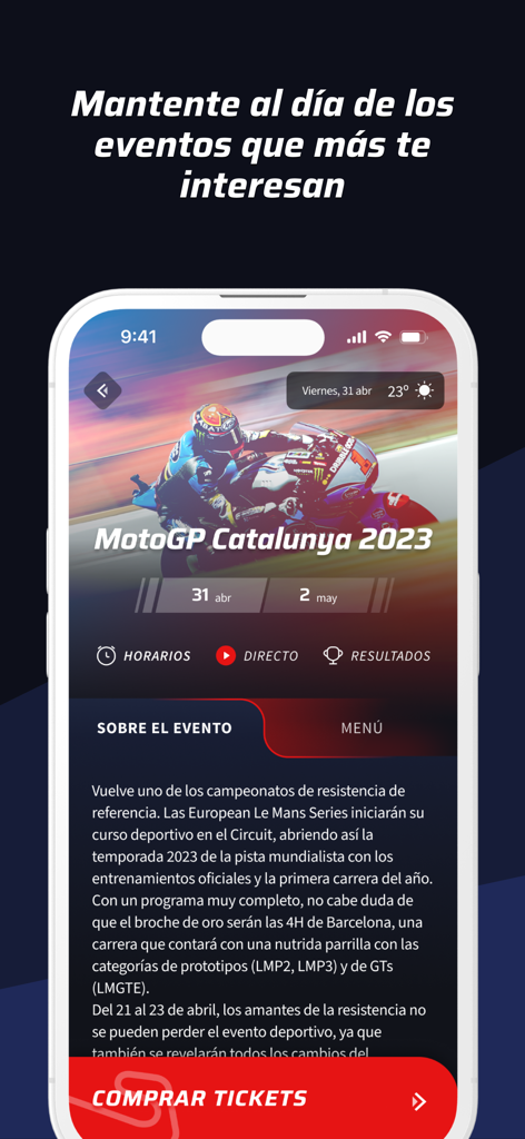 Circuit BCN-CAT - Pantalla de la aplicación móvil Circuit BCN-CAT que muestra detalles del evento de MotoGP de Catalunya, incluidos horarios y un botón de compra de entradas