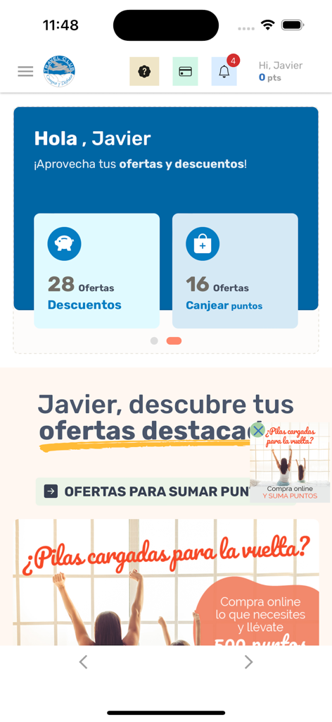 Panel de usuario personalizado de la App Travel Club mostrando puntos de recompensa disponibles y ofertas de descuento